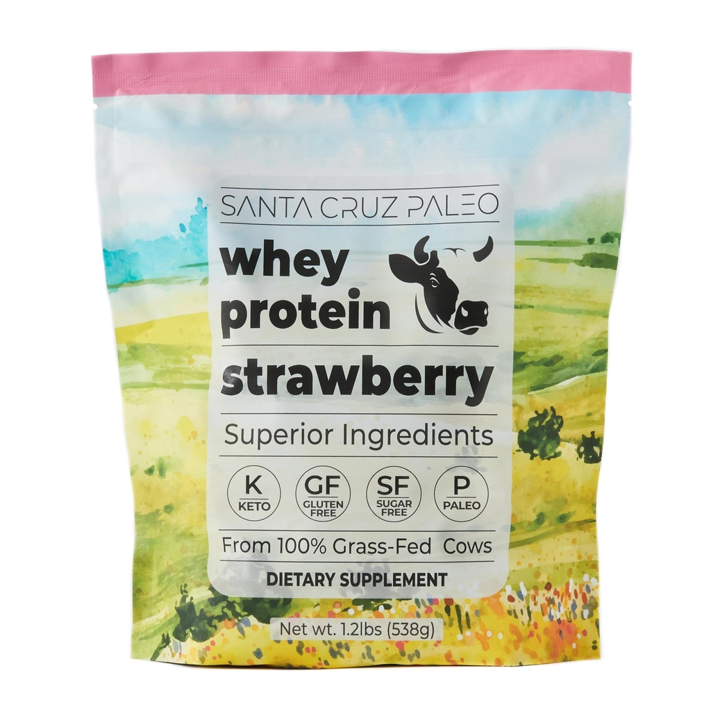 Santa Cruz Paleo Whey Protein Powder, Strawberry, 20g Grass Fed Whey Protein Isolate Per Serving, Gluten Free, Keto, Sugar Free, Paleo, Natural, Post Workout Muscle Support, 20 Servings, 1.2lb Bag
