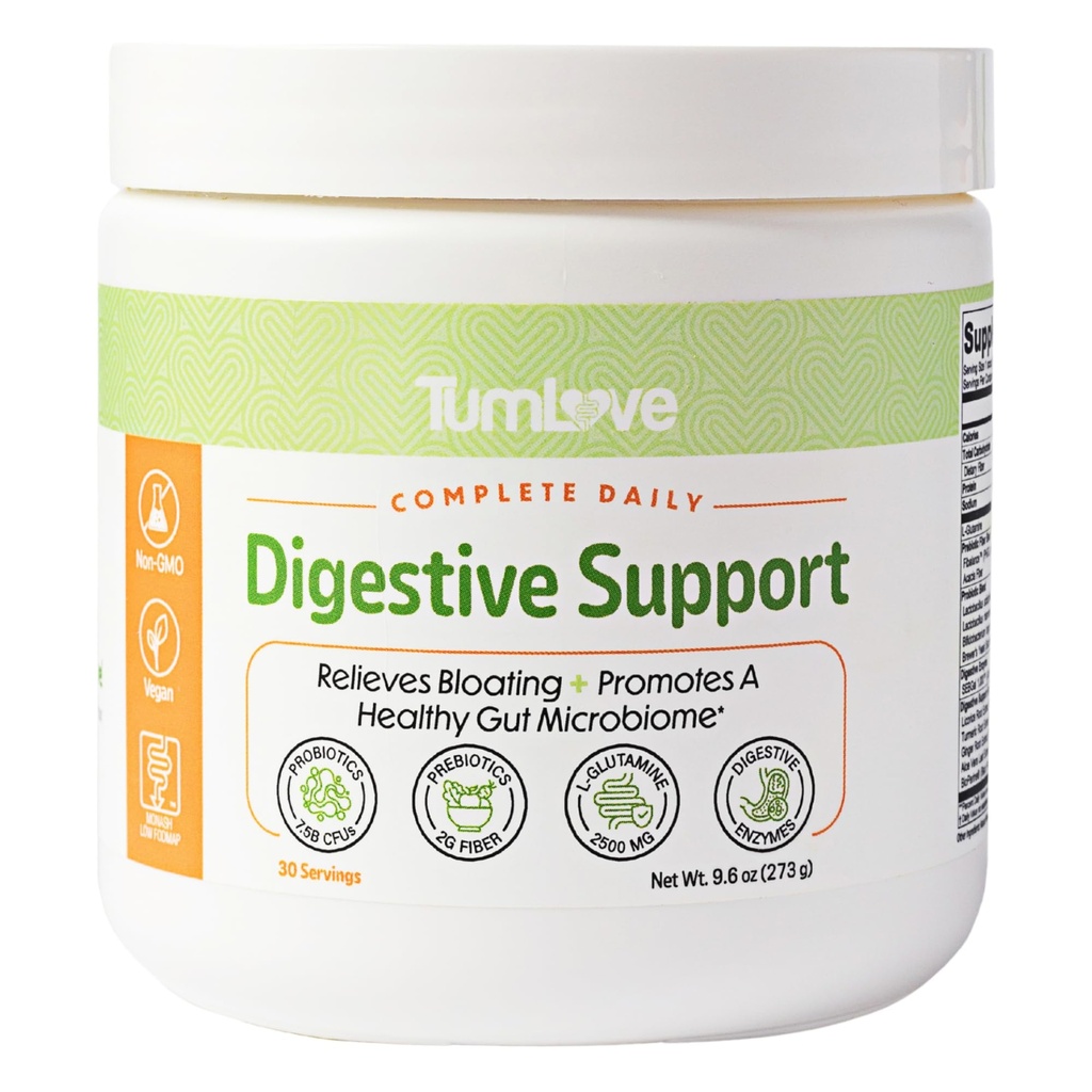 TumLove Bloating, IBS, GERD Relief Digestive Support Powder | Gut Health Probiotic & Prebiotic | Low FODMAP Certified, Digestive Enzymes, L-Glutamine, 5 Soothing Herbs|Vegan, Gluten-Free, 30 Servings