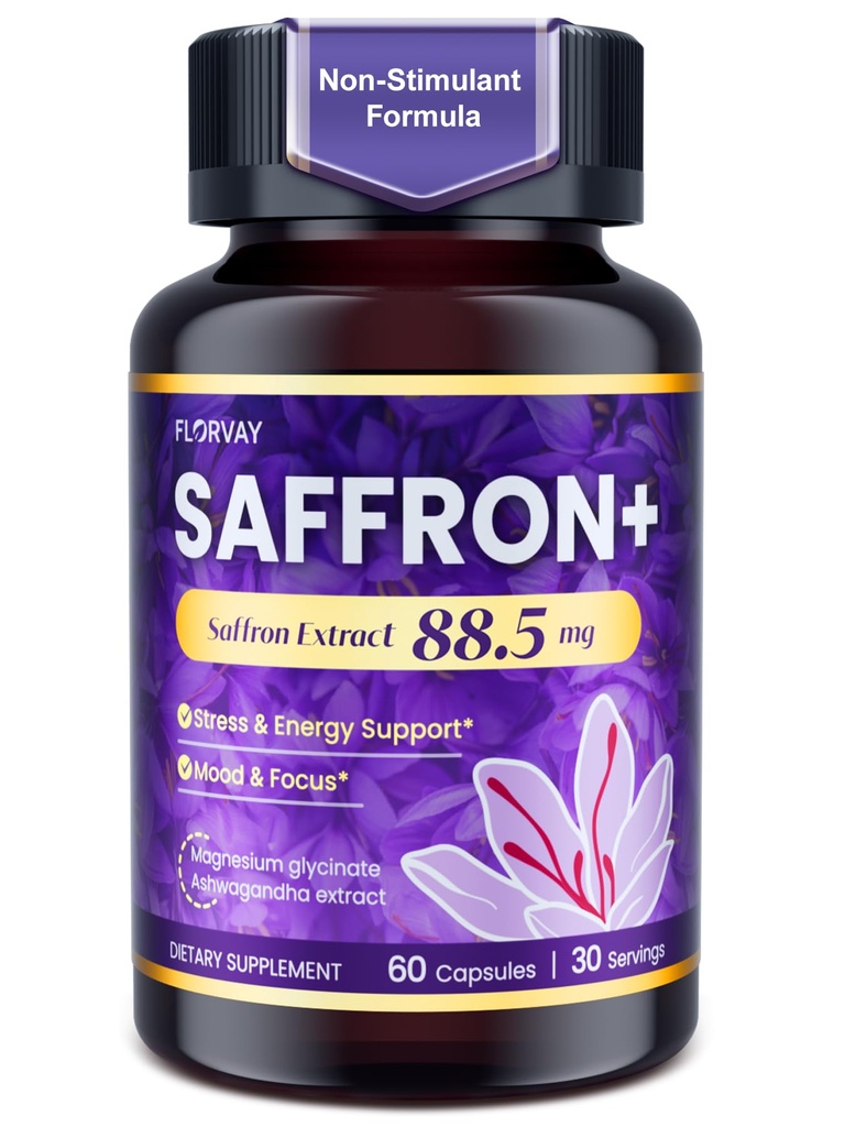 Saffron Extract Supplements 88.5mg for Women with Ashwagandha: L-Theanine & Magnesium – Supports Mood & Daily Energy, Botanical Blend – 60 Vegan Capsules for Adults (30-Day Supply)
