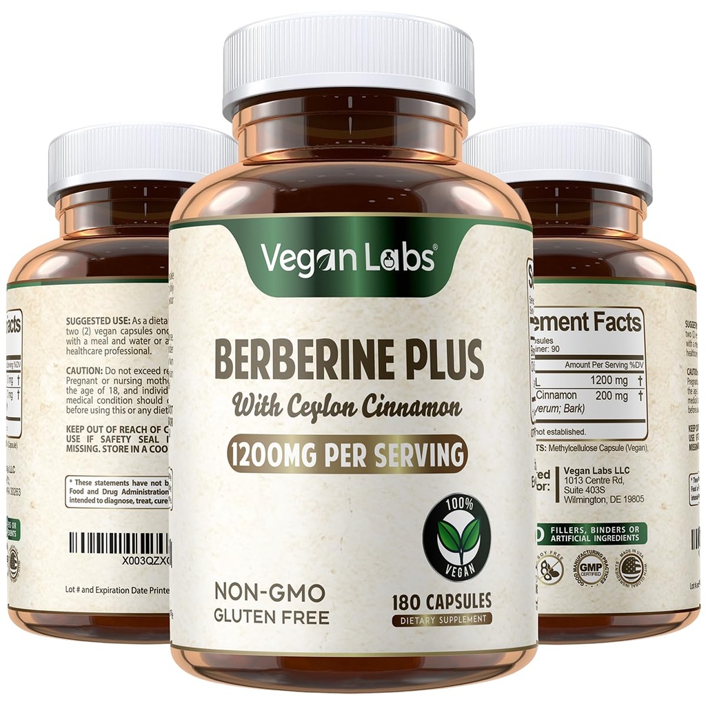 Vegan Labs Berberine HCL 1200MG met biologische Ceylon Cinnamon- 180 Vegan Capsules- Ondersteunt algehele gezondheid en immuunsysteem