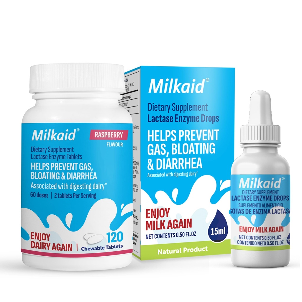 Milkaid Lactase Enzyme Drops Tablets for Lactose Intolerance Release Voorkomt gas, opgeblazen en diarree . Dairy Dispensive Supplement 