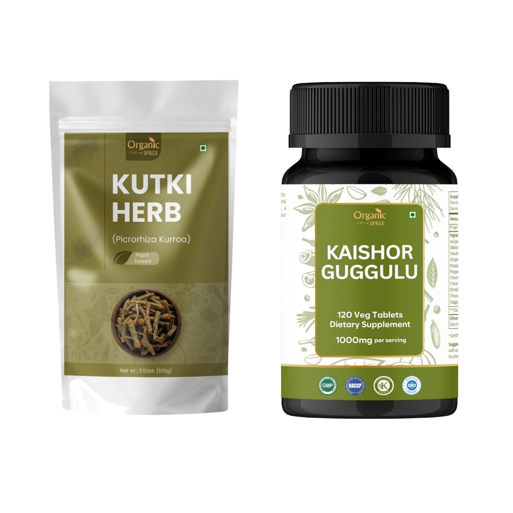 ORGANIC SPREE Kutki Herb & Kaishor Guggulu Supplement – 100g & 120 Tablets – Picrorhiza Kurroa with Wellness Support Formula – Certified Herbal Detox Blend