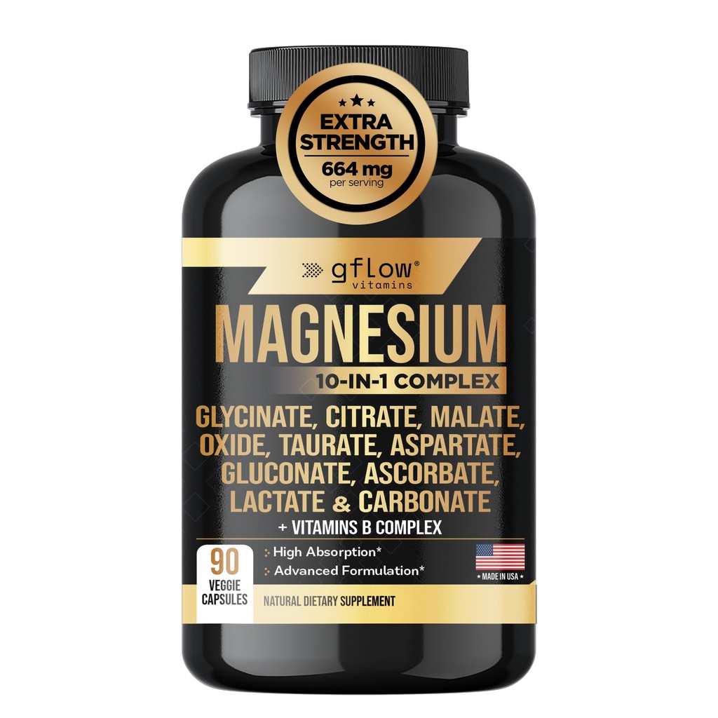 Magnesium Complex supplement - 10 actieve vormen, Glycineat, citraat, Malaat, Oxide, Tauraat, aspartaat, Gluconaat, Ascorbaat, Lactaat, Carbonaat, Plus Meer met Vitamine C B1 B2 B6 B12