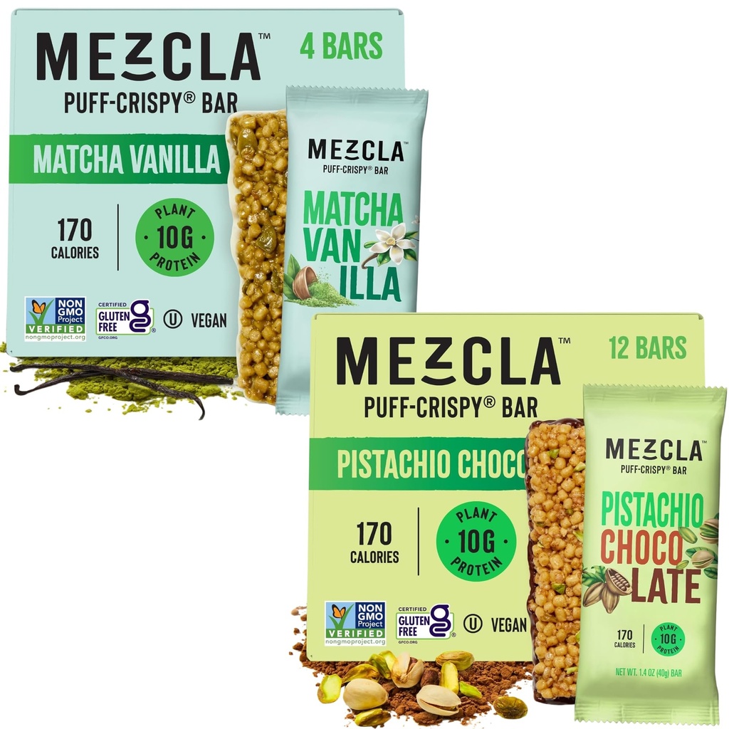 Mezcla Puff Crispy Protein Bars, Gluten Free & Vegan Protein Bars, 10g Protein, Granola & Breakfast Bars, Healthy Snacks for Adults, Matcha Vanilla (12 Pack) and Pistachio Chocolate (12 Pack) Bundle