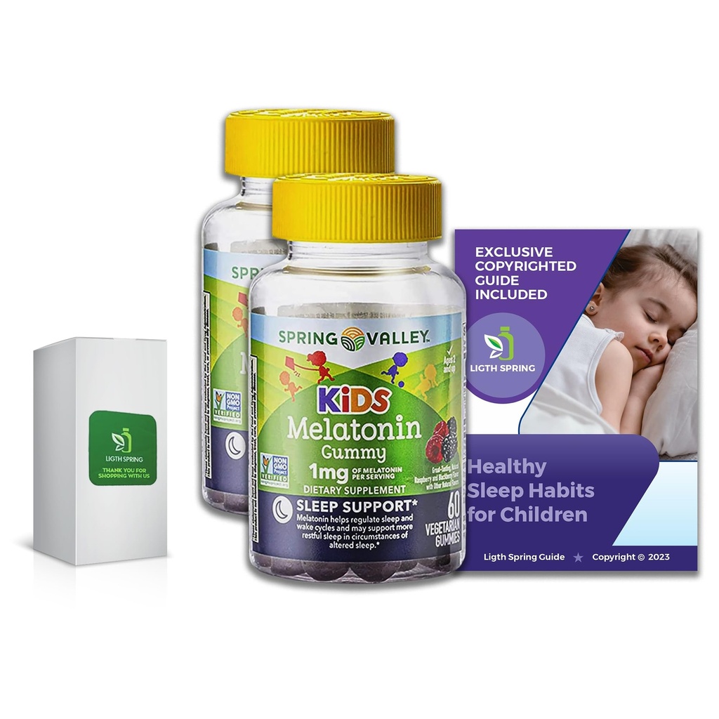Spring Valley Vegetarian Melatonin Gummies for Kids, Sleep Support, 60 Ct (2 Pack) Bundle with Exclusive Healthy Sleep Habits for Children - Better Light&Spring Guide (3 Items)