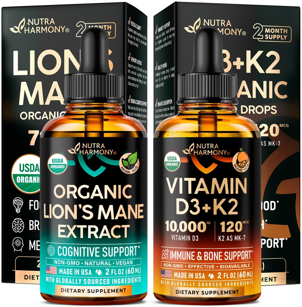 NUTRAHARMONY Organic Lions Mane & Vitamin D3 K2 Drops