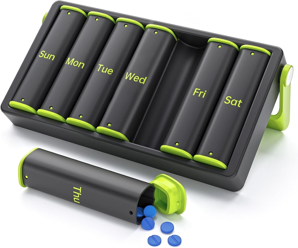 Weekly pil Organizer 2 keer per dag, KOV IOO Large Travel pil Box 7 Dag, Am Pm Tweemaal daags pil geval met roterende handvat, pil houder container voor vitamine, geneeskunde, supplement, visolie, groen