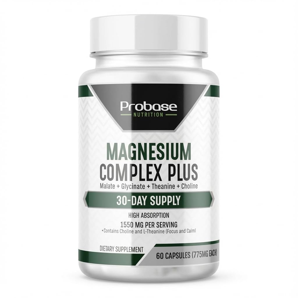 Probase Nutrition Magnesium Complex Plus with Glycinate, Malate, L-Theanine and Choline - Natural Support for Sleep and Cognitive Function - 60 Capsules