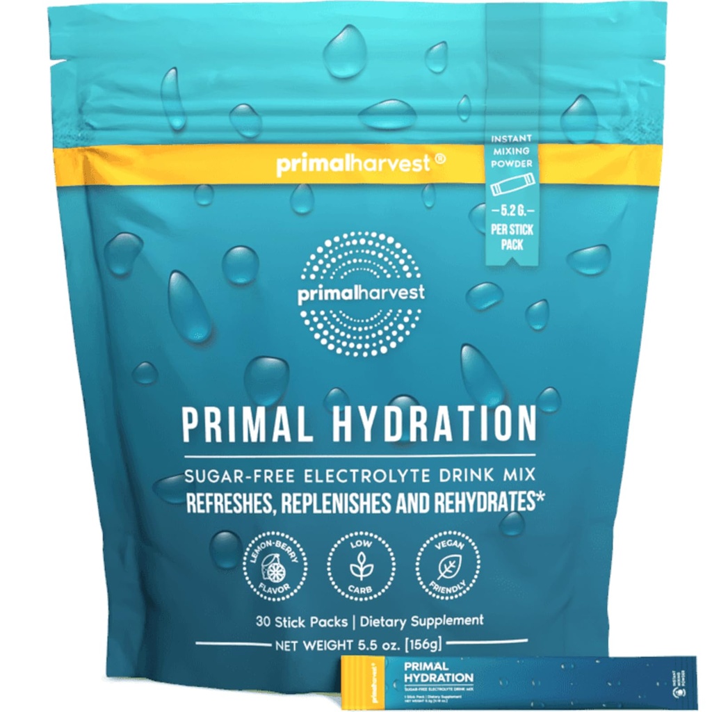 Primal Oogst Elektrolyten Poederverpakkingen Primal Hydration, Easy Open Packets, Energy Drink Mix (Citroen Berry, 30 Packs) (1 Bag)