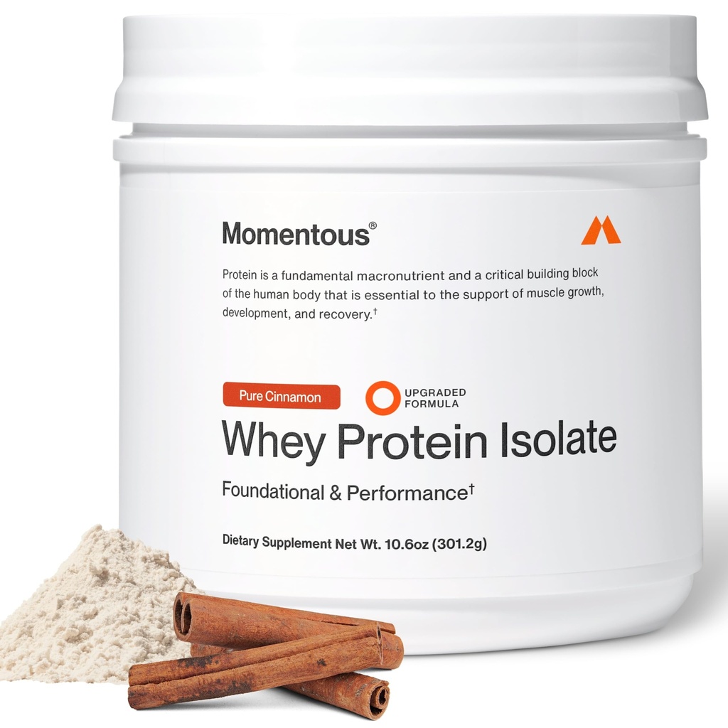 Momentous Essential Grass-Fed Whey Protein Powder - 20 g Whey Isolate Protein - NSF Certified for Sport - Gluten-Free - 12 Servings for Essential Everyday Use - Pure Cinnamon - Package May Vary