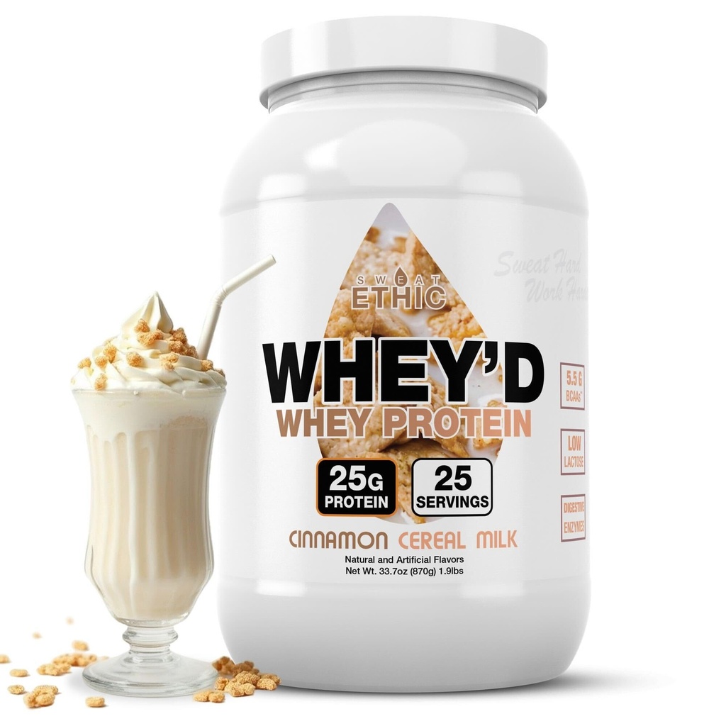 Sweat Ethic Whey'd Protein Powder, 25 G Whey Protein Blend with Concentrate, Isolate & Hydrolysate, Low Lactose & Digestive Enzymes for Easy Mixing & Smooth Texture, Cinnamon Cereal Milk, 25 Servings