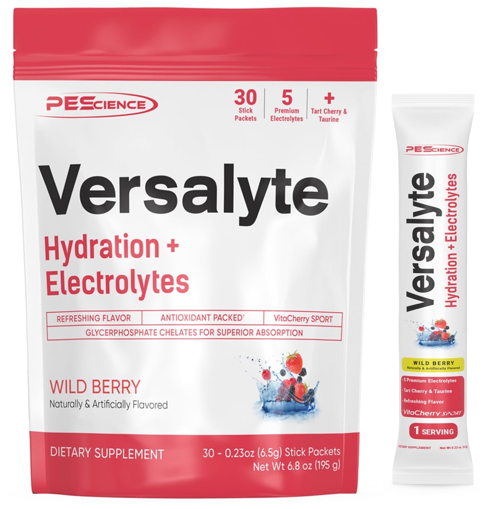 PEScience Versalyte Electrolyte Hydration Packets, Sugar Free Electrolyte Powder with Magnesium, Taurine, Antioxidants, Trace Minerals, Low Sodium - Wild Berry with Stevia, 30 Servings