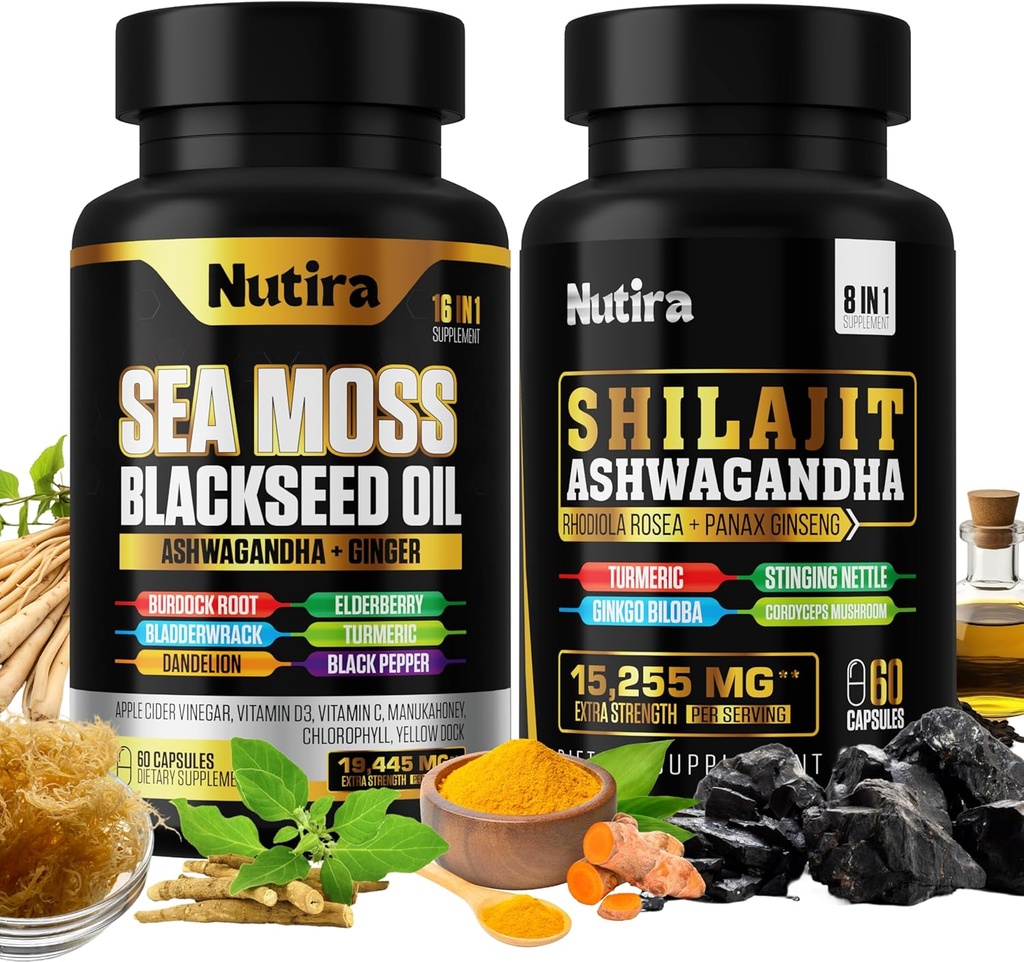Sea Moss & Shilajit Multivitamine Bundle - Sea Moss 7000mg, Shilajit 9000mg, Black Seed Oil 4000mg, Ashwagandha 2000mg, Ginger & Rhodiola Rosea 1000mg, All in 1 Supplementen (60 Telling) (1 Pack)