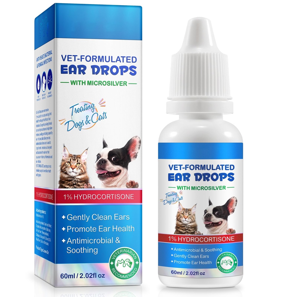 ZODENIS Dog & Cat Ear Infection Treatment Drops, Pets Ear Cleaning Drops with 1% Hydrocortisone for Dog & Cats Yeast Infection, Itchy Ear Relief, Pet Ear Care Supplies for Dogs & Cats -2fl oz/60ml