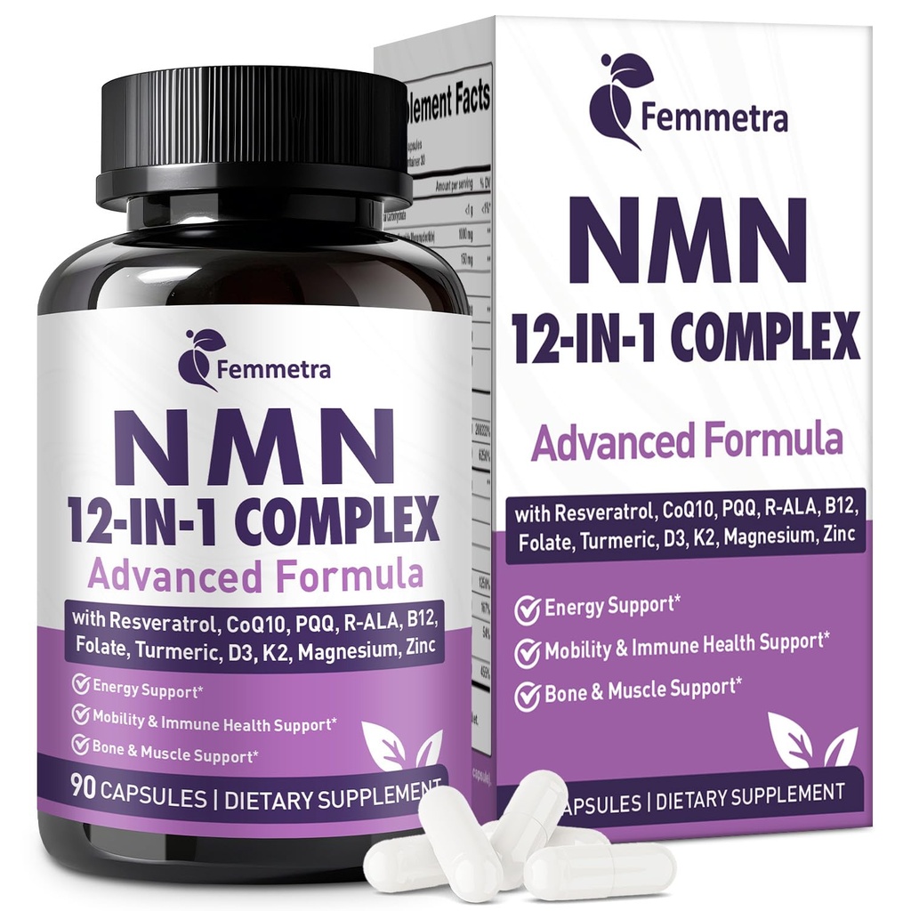 Ultra NMN Supplement 1000mg with Resveratrol, Coq10, R-Lipoic Acid, Magnesium, Vitamin D3, K2, B12, Methylfolate, Turmeric, Zinc & PQQ, 12-in-1 Formula for Cellular Energy & Nad+ Level, 90 Vegan Caps