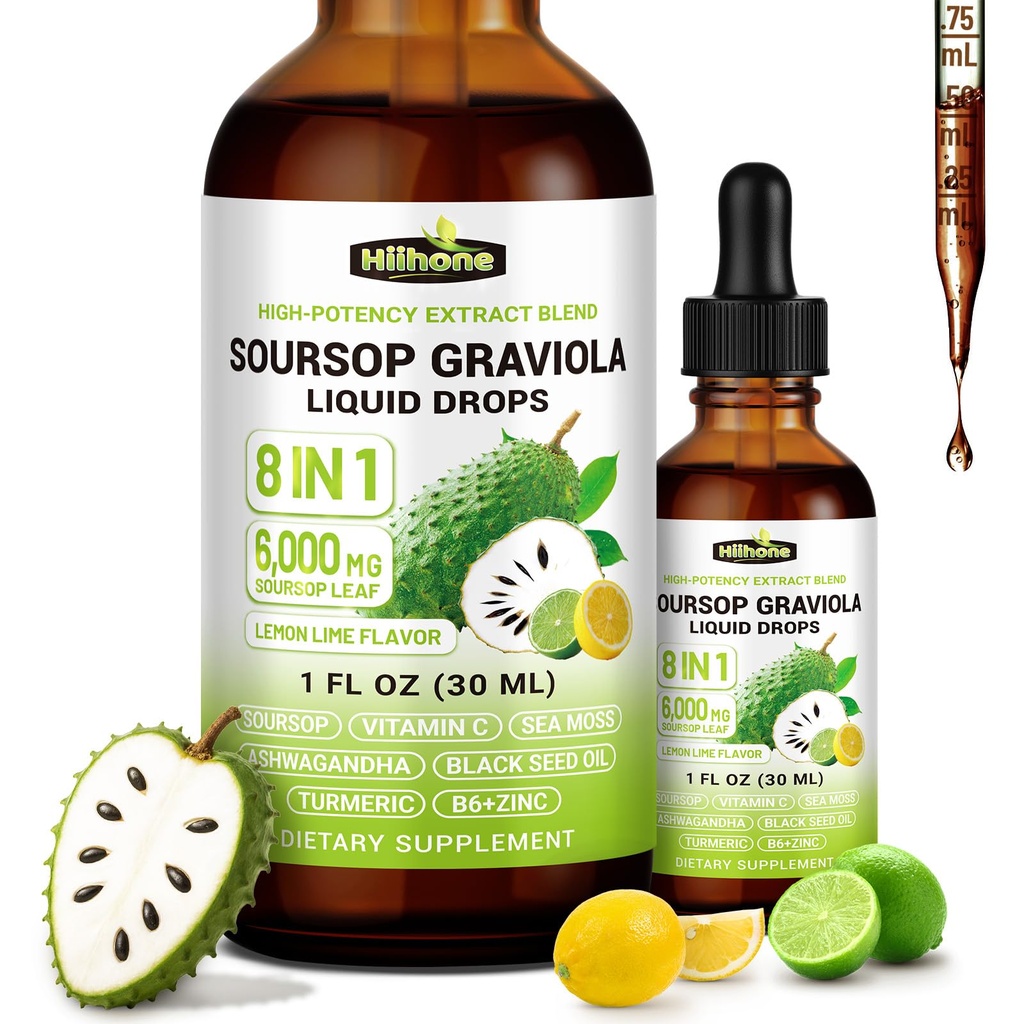 (2 Pack) 8-in-1 Soursop Bitters Liquid – Soursop Leaf Extract Drops with Sea Moss, Ashwagandha & Turmeric for Immune, Liver, Antioxidant & Sleep Support, Lemon Lime Flavor, 1 Fl Oz