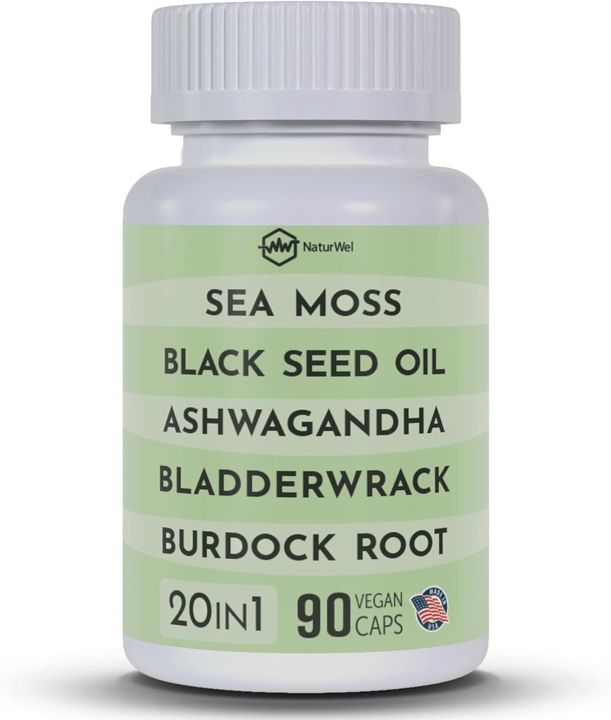 Black Seed Oil 3000mg Sea Moss 3000mg Ashwagandha 1000mg Turmeric 1000mg Burdock 1000mg Bladderwrack 1000mg & Elderberry Manuka Chlorofyll Dandelion Yellow Dock - (90 Capsules Pack of 1)