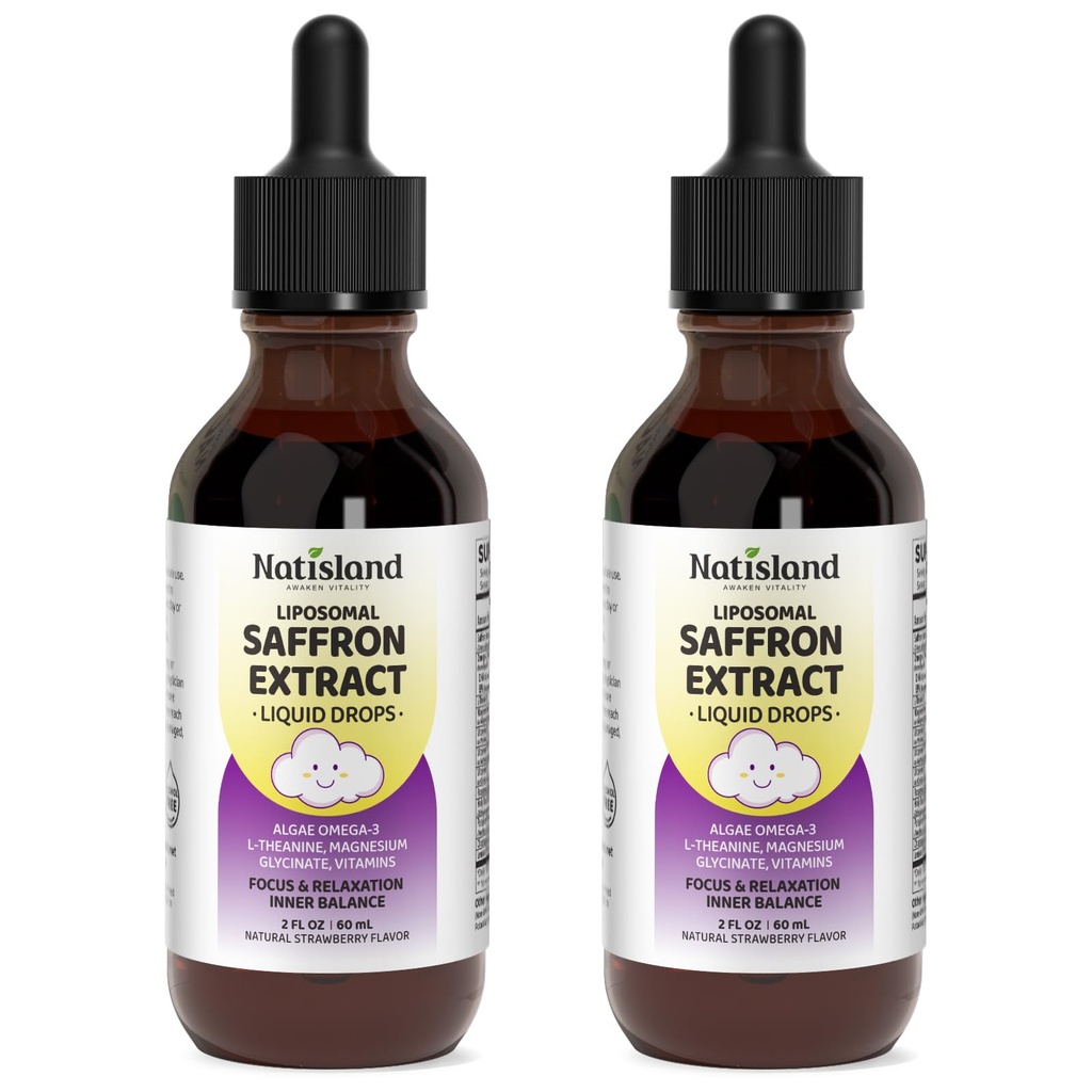 Liposomal Saffron Drops for Kids, Organic Saffron Extract Supplements with Holy Basil, Rosemary for Focus, Attention & Brain Support, Vegan, Alcohol-Free, Strawberry Flavor, 4 FL OZ