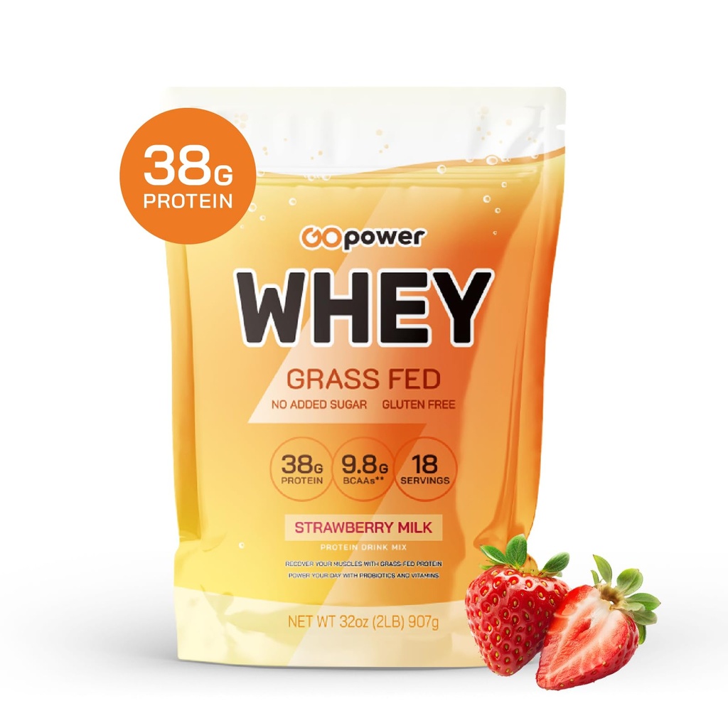 GOPOWER Whey Protein Powder, with BCAAs, Grass Fed Protein Powder, 2 Pound, 18 Servings