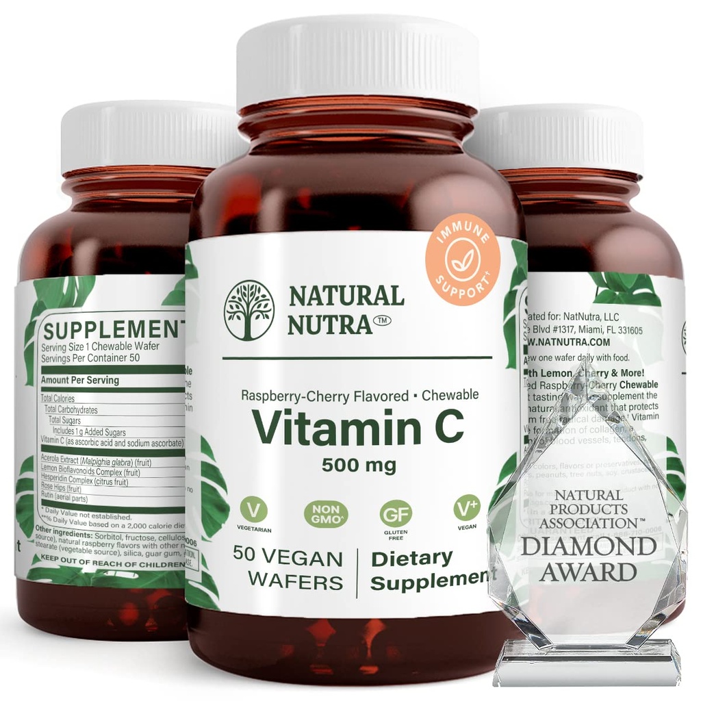Natural Nutra Vitamin C Supplement for Kids and Adults, Immune Booster, Helps Supports Bone Health, Protect Skin and Heart Health, Improve Skin Texture, Vegetable Source, 500 mg, 50 Vegan Wafers