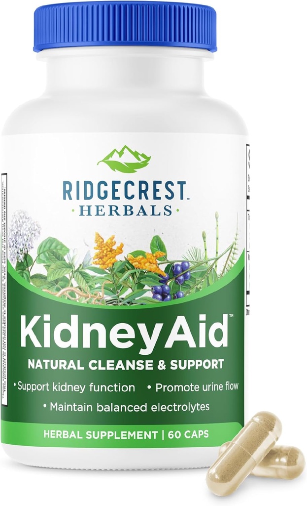 Ridgecrest Kruiden NierAid, Niergezondheid Support Supplement, Hydrangea, Horsetail, Urine Tract Health Support, Trace Mineral (60 Caps, 30 Serv)