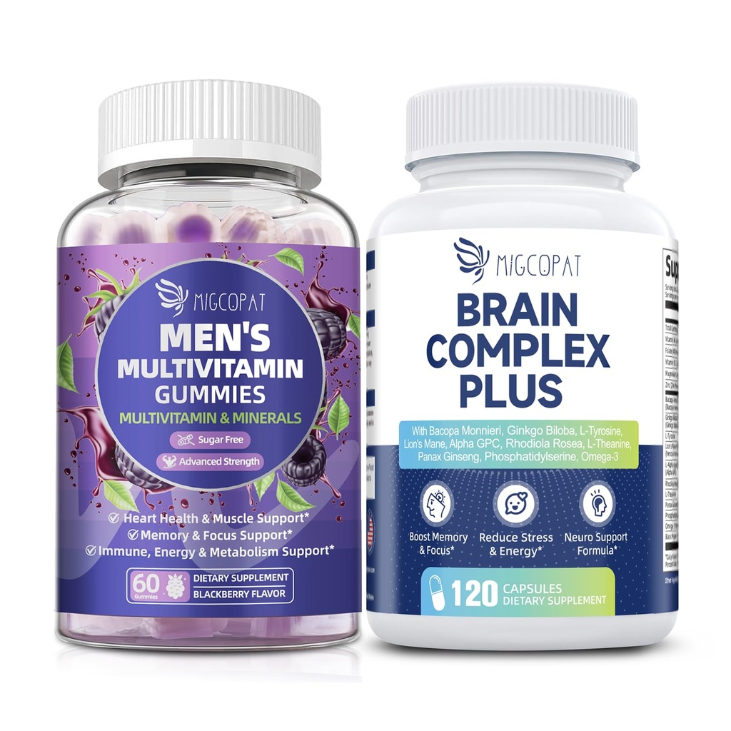 Migcopat Mens Multivitamins Gummies & Brain Supplements for Memory & Focus Bundle