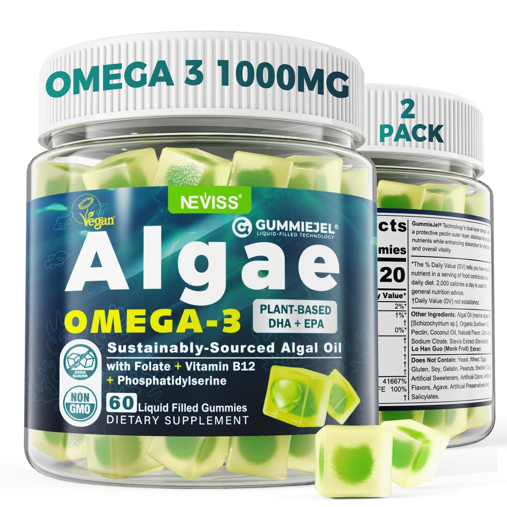 2 Pack Algen Omega 3 Gummies 1000mg, Plant Based DHA 460mg & EPA 230mg, Omega 3 Visolie Alternatief voor volwassenen, Plus Methylfolaat, Vitamine B12, Fosfatidylserine, No Fishy Taste, Vegan, Sugar Free
