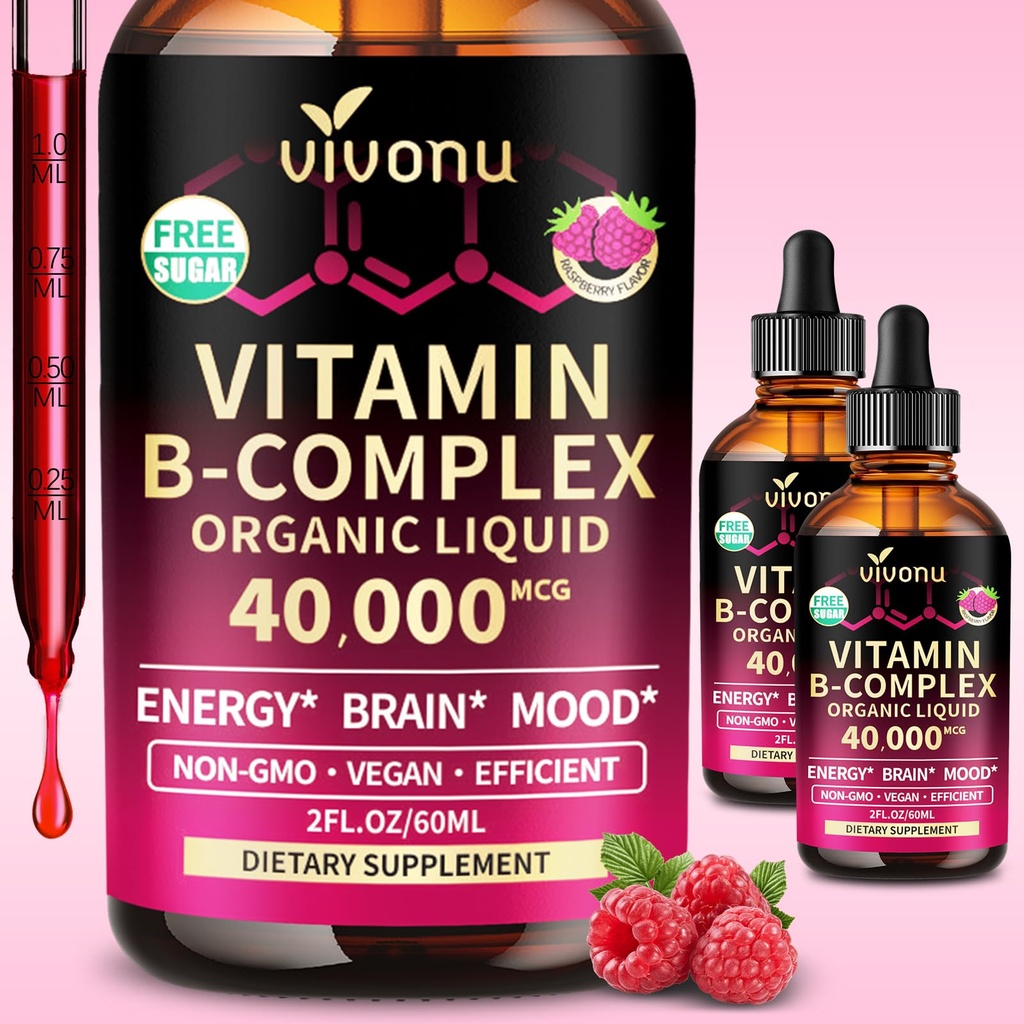 Vitamin B Complex Liquid Drops, Methylated Vitamin B12 6000mcg, B6 B1, B2, B3, B5, Methylfolate with Vitamins C A E D, Magnesium, Zinc, CoQ10 Support Energy, Raspberry Flavor, Vegan, Non GMO - 2 Pack