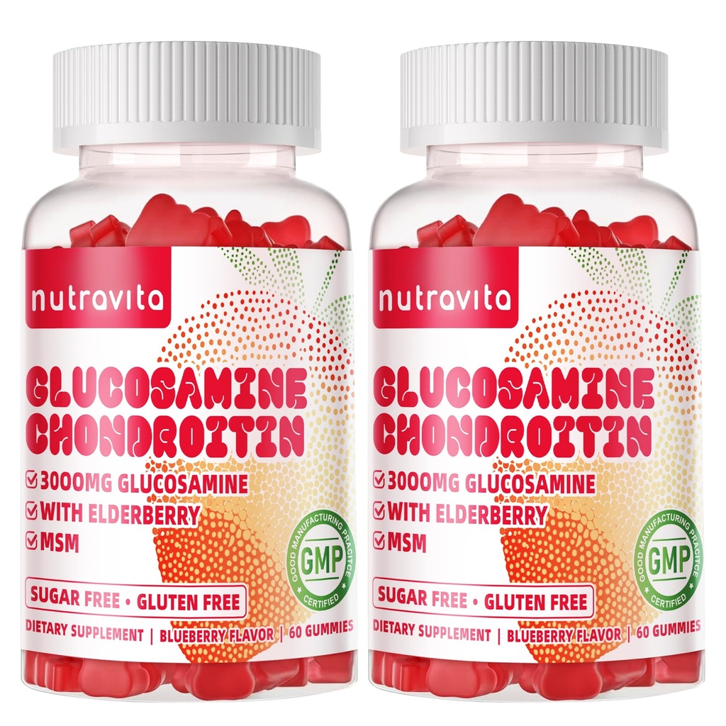 Nutravita Glucosamine Chondroitin Gummies met MSM & Vlierbes Extra sterkte - Gezamenlijke ondersteuning, Antioxidant Immune Ondersteuning Supplement voor volwassenen, mannen en vrouwen. 120 aardbeienkauwen