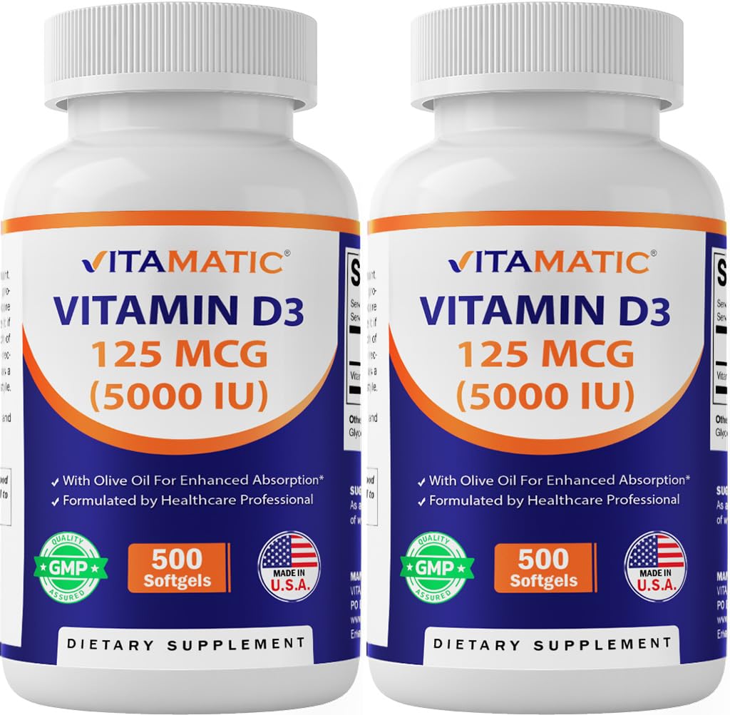 Vitamatic Vitamin D3 5000 IU (125 mcg) – 500 Mini Softgels Olive Oil-Based Formula – Cold-Pressed – 500-Day Supply – Supports Bone, Muscle & Immune Health – Non-GMO & Gluten-Free- 2 Pack