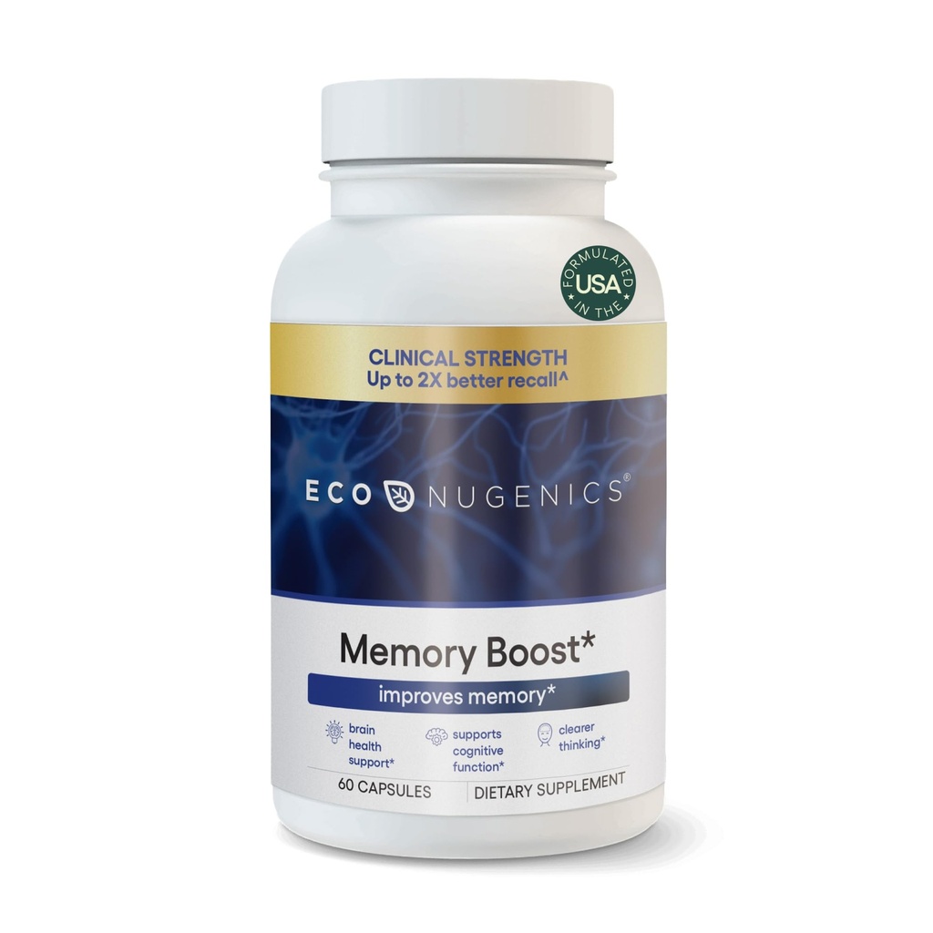 EcoNugenics Memory Boost Supplement – Clinically Studied Ingredients to Support Brain Focus & Health – Nootropic Formula with Bacopa Monnieri, Boswellia Serrata & Ginkgo Biloba Extract – 60 Capsules
