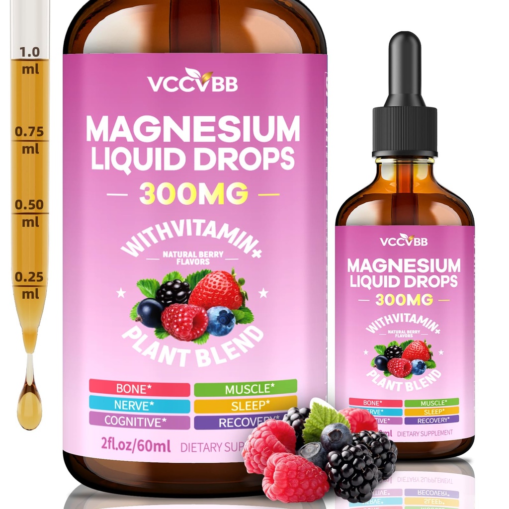 Magnesium Glycinate Liquid Drops, Magnesium Complex with Malate Taurate Citrate Complex & Vitamin D3, B6, K2 L-Theanine, Plant Blend for Sleep, Bone, Muscle, Nerve Non-GMO (300mg-Berry Flavor)