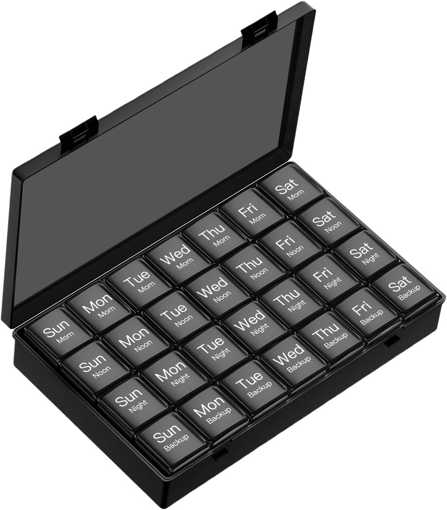 Grote Weekly Pillen Organisator, 4 keer per dag, 7 dagen vocht-proof pil Box met 28 compartimenten, geschikt voor het accommoderen van grote hoeveelheden vitamines, supplementen, visolie en geneeskunde (zwart)