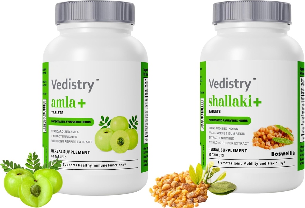 Vedistry Amla & Shallaki Capsules with Long Pepper & Piperine for Immunity, Joint Support & Overall Wellness, Indian Gooseberry & Boswellia Serrata Herbal Supplements for Men & Women - 120 Capsules