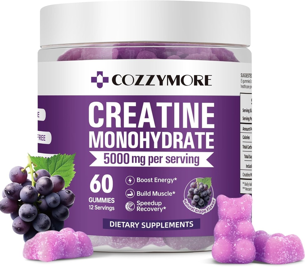 Creatine Monohydraat Gummies 5000mg voor mannen & vrouwen, Gomitas de Creatina Creatine Monohydraat 5g, Creatina Monohidratada Gummy voor spieropbouwer, Energie Boost, Pre-Workout Supplement, 60 Telling, Grape