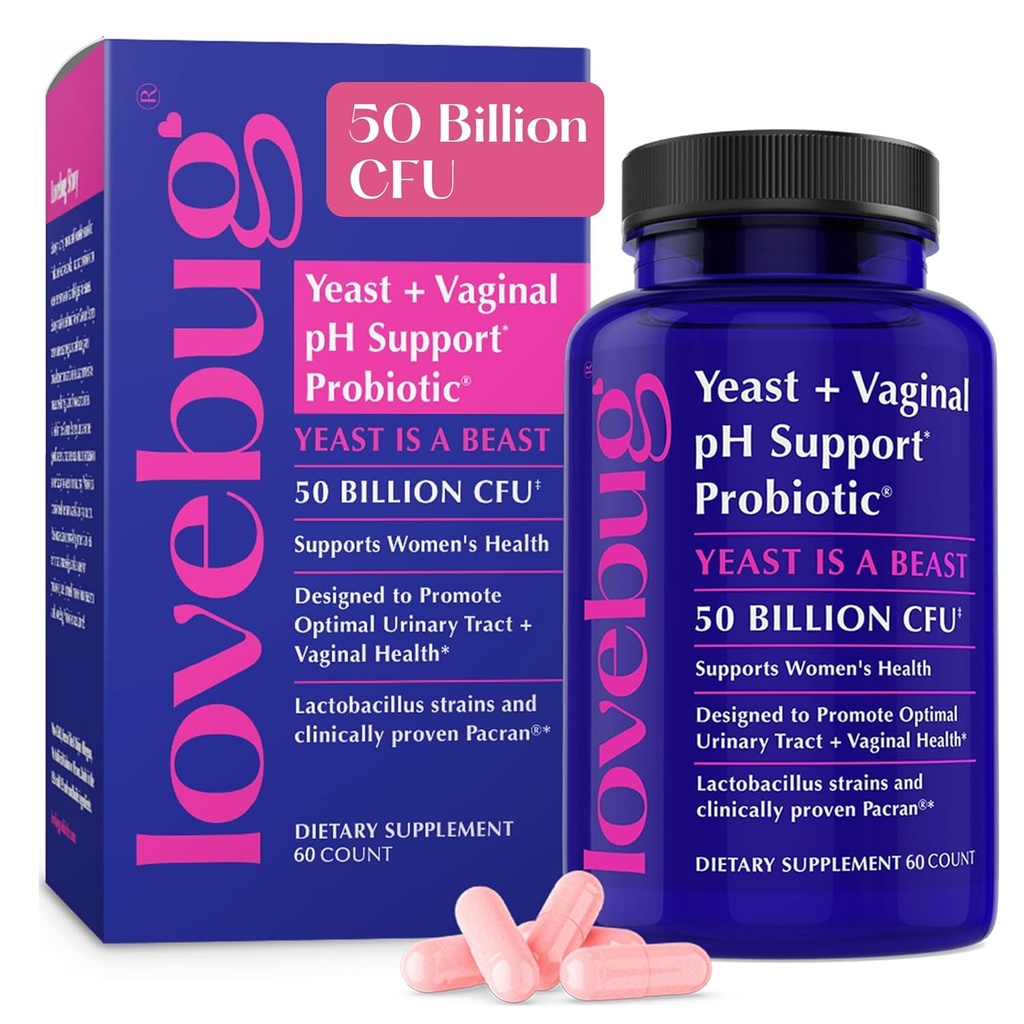Lovebug Gist en Vaginale Probiotica voor vrouwen pH Balance & Urinary Tract, 50 Miljard CFU, UTI, BV, Odor Ondersteuning met Lactobacillus, Bifidobacterium, Digestief & Vaginaal Health Supplement 60 Capsules