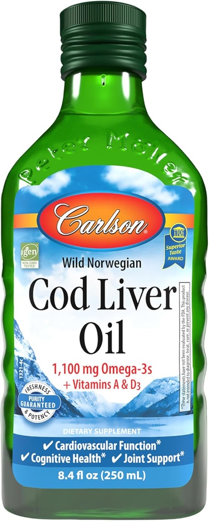 Carlson - Koolleverolie 1100 mg Omega-3s Plus Vitaminen A & D3 - Wild Caught EPA DHA Omega 3 Supplement - Norwegian Arctic, Sustainable Sourced Nordic Fish Oil Liquid, Unflavored, 250 ml (8,4 Fl Oz)