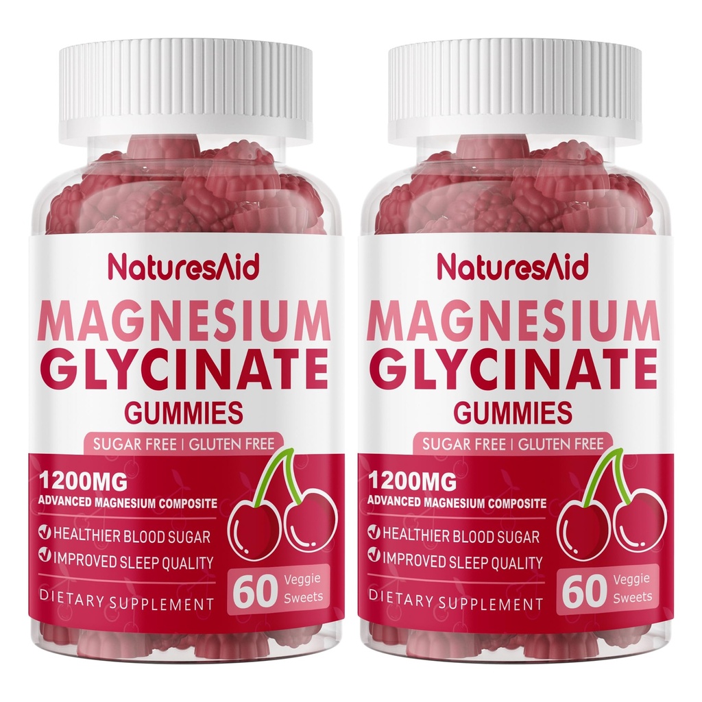 Magnesium Glycinate Gummies 1000mg - Suikervrij Magnesium Kaliumsupplement met vitamine D, B6, CoQ10 voor Calm Mood & Slaapondersteuning - 120 Cherry Gummies -2 Pack.