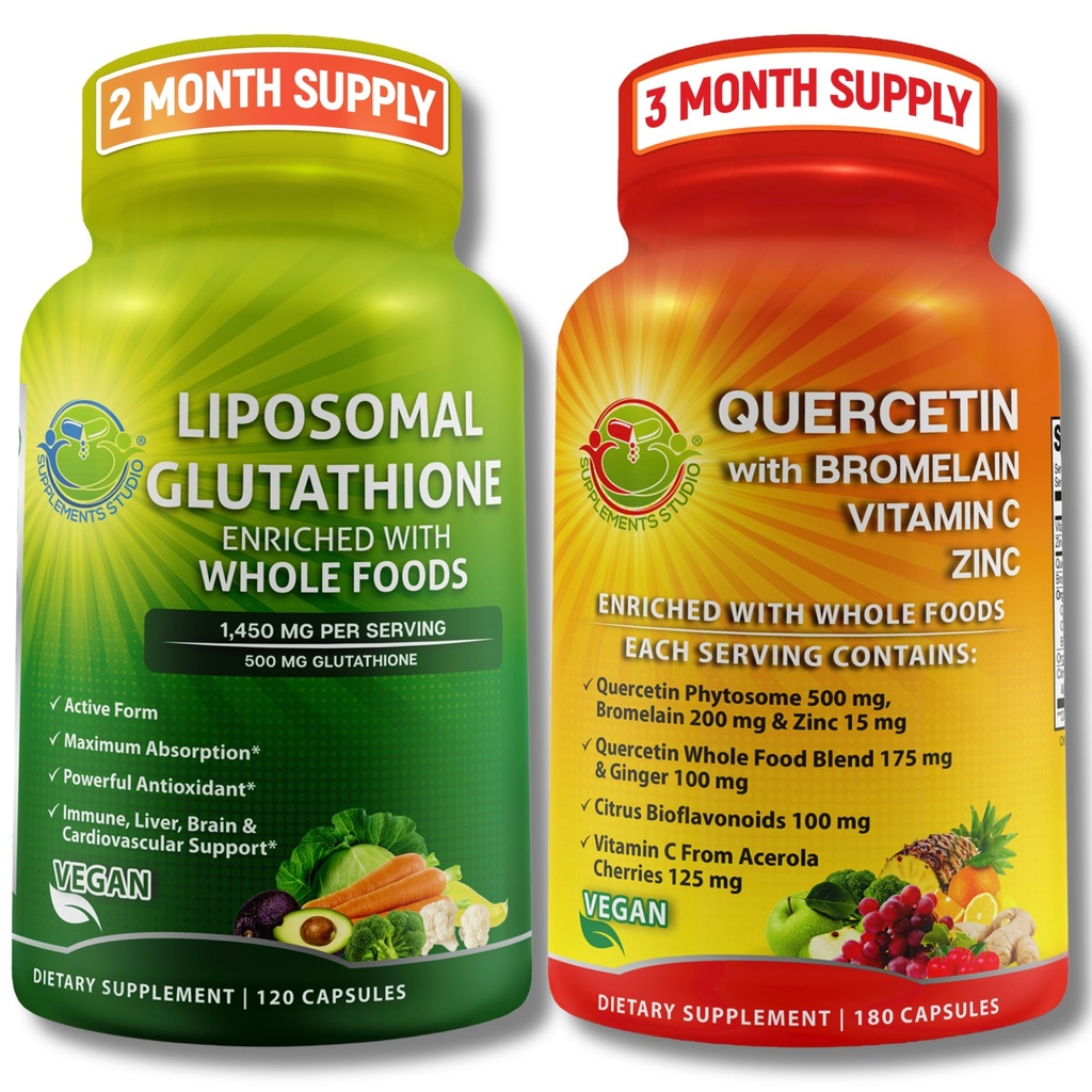 Liposomale Glutathion 500 mg & quercetine met bromelaïne, zink en vitamine C Antioxidant & Immuun Support Bundel met biologische Whole Food Blends Vegan, Non-GMO Respiratory Health Formula
