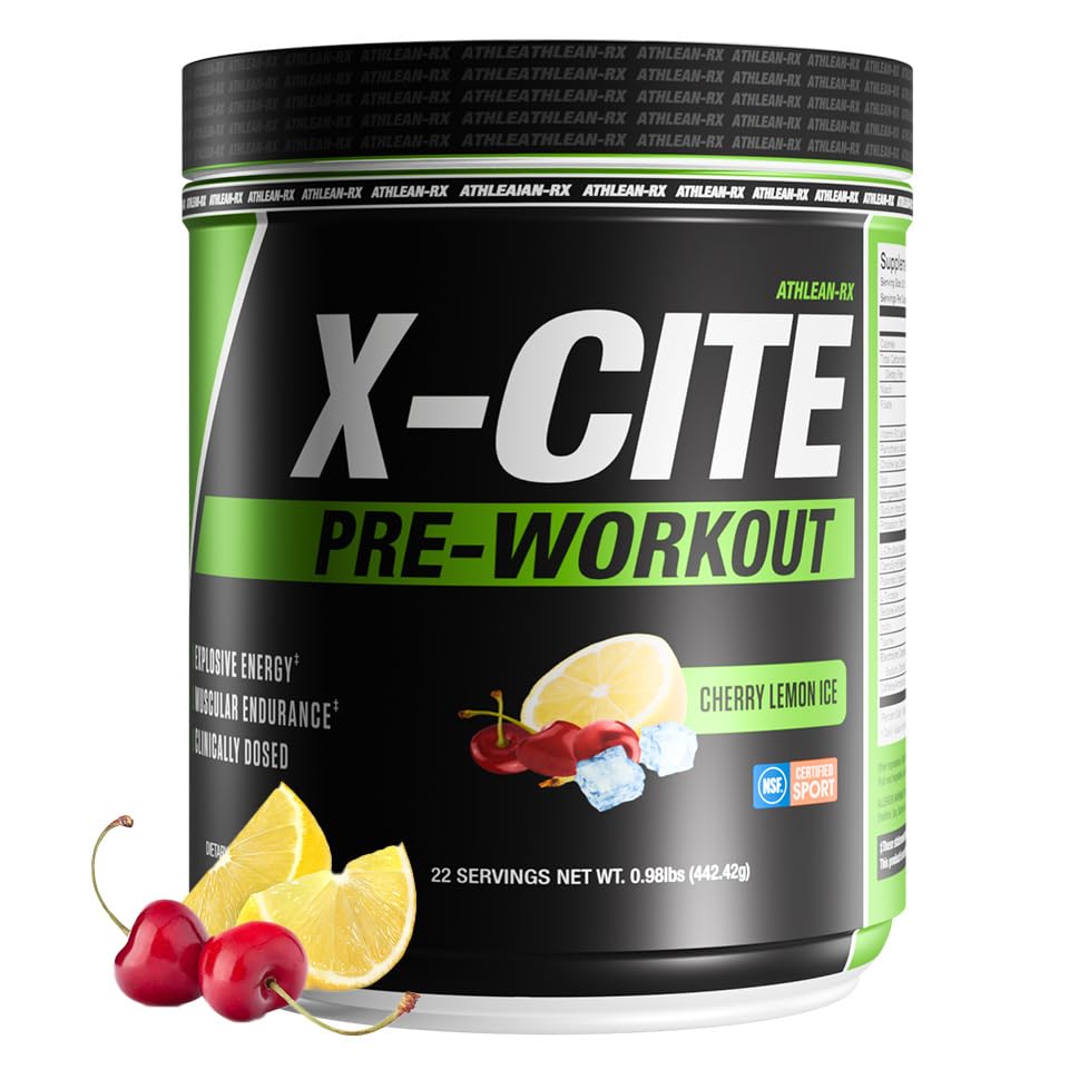 X-CITE Pre-Workout by ATHLEAN-X - Enhanced Formula with Beta-Alanine, Creatine & Caffeine for Ultimate Energy, Endurance, Focus & Muscle Pump, NSF Certified for Sports (Cherry Lemon Ice)