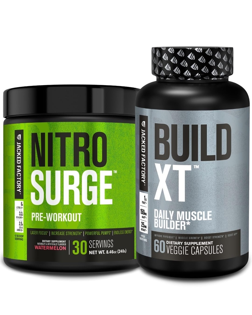 Jacked Factory Nitrosurge Pre-Workout in Watermelon & Build XT Muscle Building Bundle for Men & Women