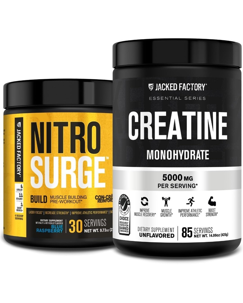 Jacked Factory Nitrosurge Build Pre Workout with Creatine for Muscle Building (30 Servings, Blue Raspberry) & Creatine Monohydrate Powder for Muscle Growth,Increased Strength (85 Servings, Unflavored)