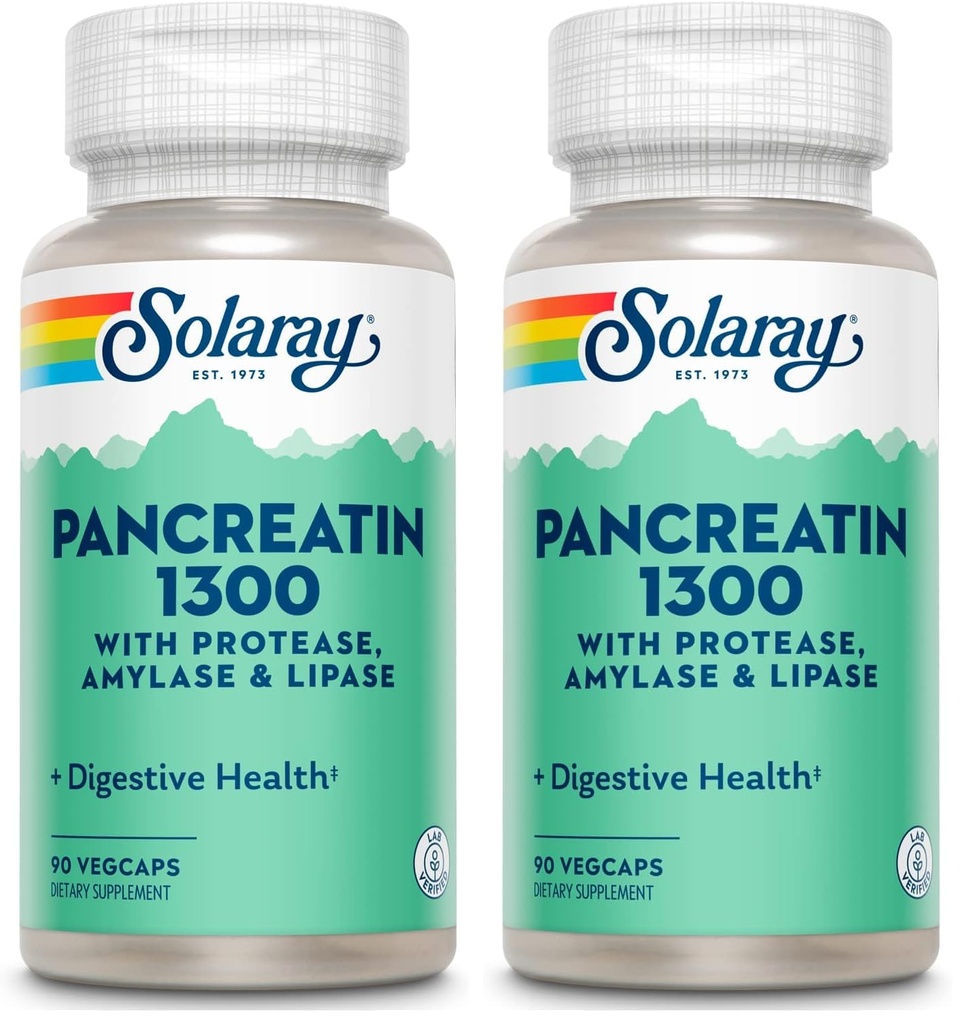 SOLARAY Pancreatin 1300, Pancreatic Digestive Enzymes with Protease, Amylase and Lipase, Plus Papain - Digestion Health Support, Lab Verified, 60 Day Guarantee, 90 Servings, 90 VegCaps (Pack of 2)