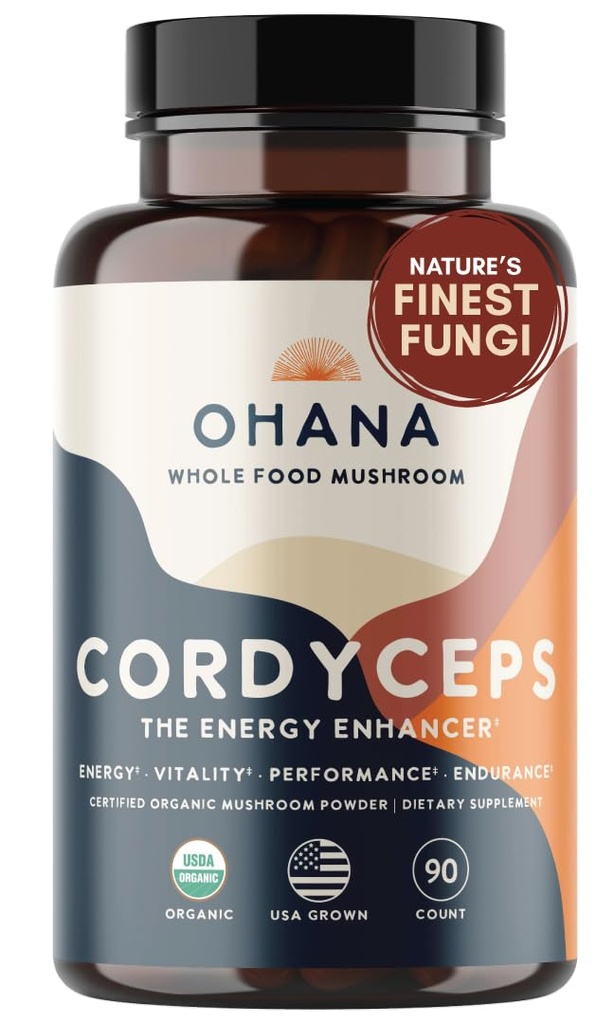 Ohana Cordyceps, Organic Mushrooms Blend, USDA-Organic Whole Food Mushroom Supplement, Non-GMO, Gluten-Free, 90-Capsule Bottle, Pack of 1