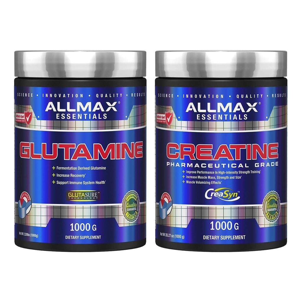 ALLMAX Creatine Monohydrate + L-Glutamine Powder Stack – 1000g Each – Pure Micronized Creatine & Fermented Glutamine for Strength, Recovery & Muscle Support – Vegan, Gluten Free, cGMP Certified