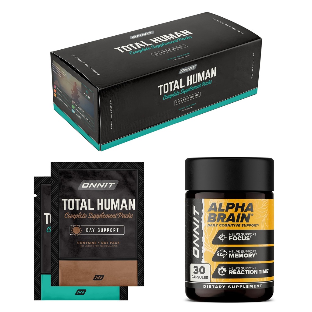ONNIT Premium Alpha Brain Bundle - Nootrope Brain Supplement (30 tellingen) voor Focus, Concentratie & Geheugen + Total Human Day en Night Vitamine Packs voor mannen en vrouwen (30 dagen levering)