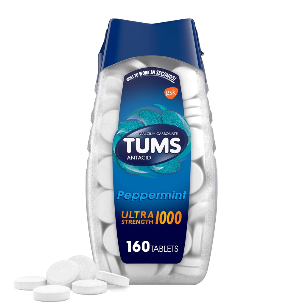 TUMS Ultra Strength Kauwbare Antacida tabletten voor Heartburn Relief, Peppermint - 160 Tellen