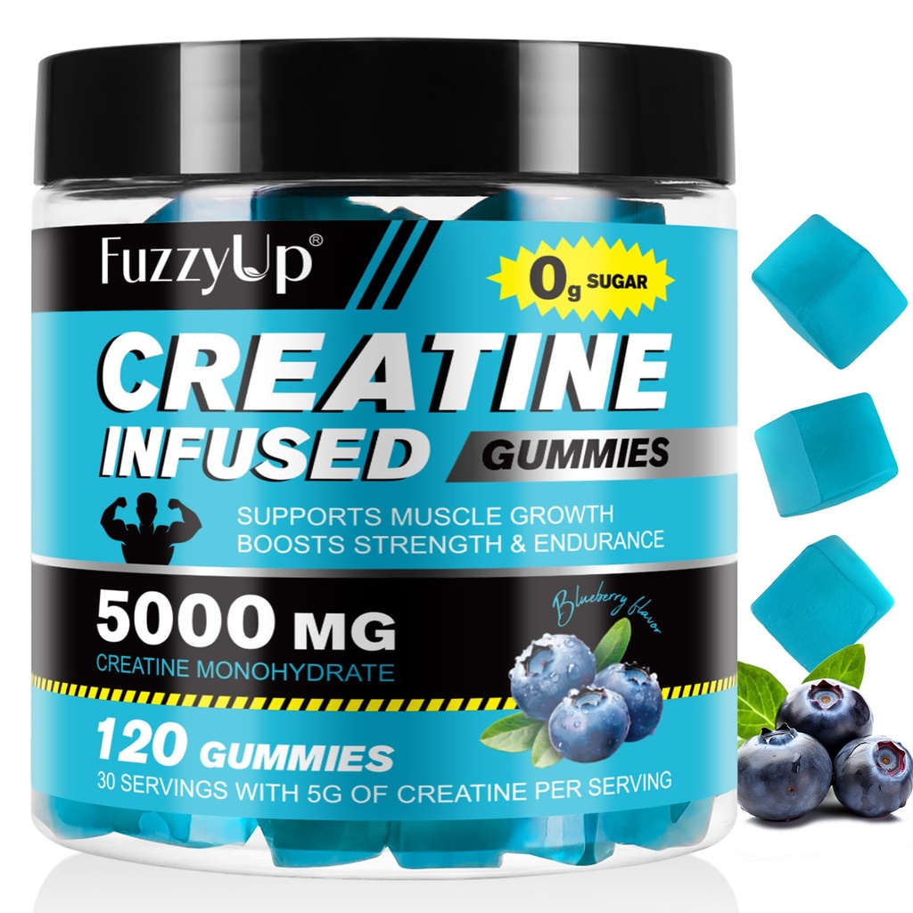 Creatine Monohydrate Gummies, Chewables Creatine Monohydrate for Women & Men, 5g Creatine Monohydrate Per Serving, No Sugar, Low-Calorie, Supports Muscle Growth, Blue Raspberry Flavor - 120 Gummies