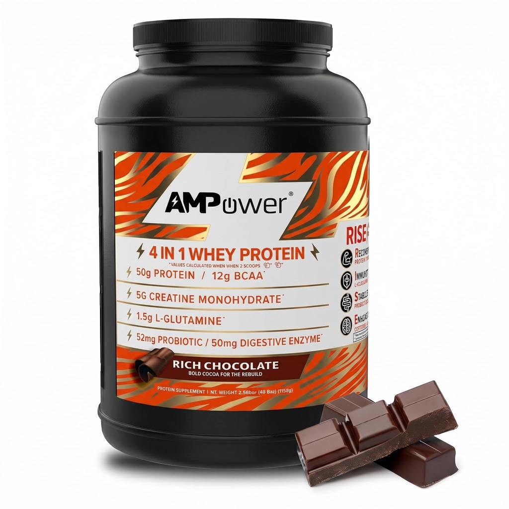 AMPOWER Rich Chocolate Whey Protein Powder - R.I.S.E Formula Designed by Athletes - 25g Protein, BCAA, Creatine, L-glutamine, Probiotics & Digestive Enzymes - Whey Isolate Protein Powder 30 Servings