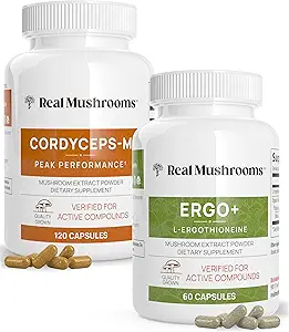 Real Paddestoelen Ergothioneine (60ct) en Cordyceps-M (120ct) Bundel met Shiitake en Oyster Mushroom Extracten - Duurzaamheid en Energie - Veganistisch, Glutenvrij, Non-GMO - Natuurlijke ondersteuning voor gezonde veroudering